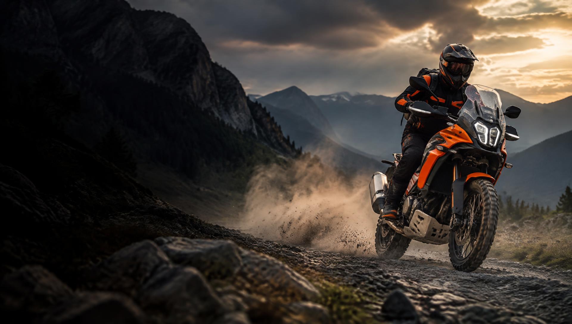 KTM Adventure Motorrad auf einem Schotterweg in den Bergen KTM Adventure Motorrad auf einem Schotterweg in den Bergen