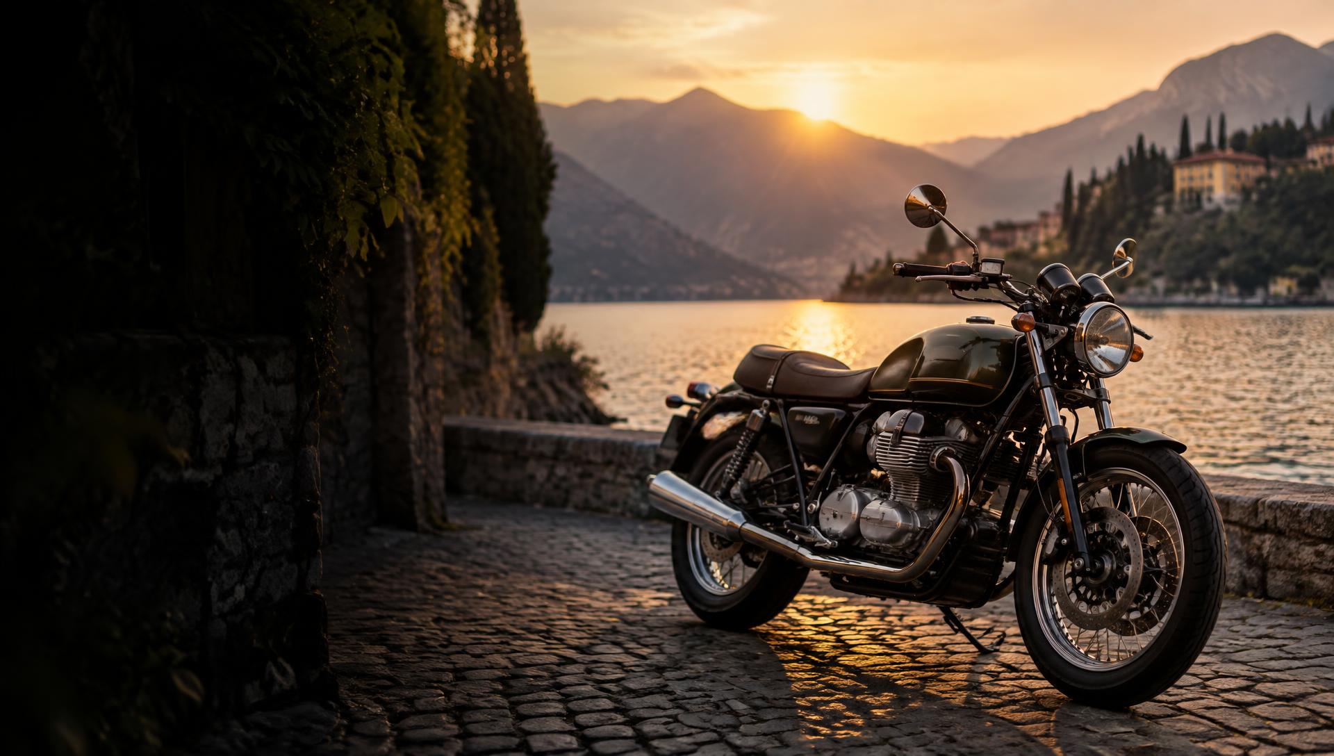 Klassisches Moto Guzzi Motorrad am Seeufer bei Sonnenuntergang Klassisches Moto Guzzi Motorrad am Seeufer bei Sonnenuntergang