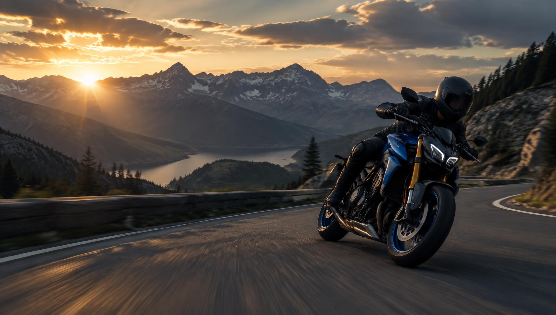 Blaues Yamaha Naked Bike auf einer Alpenstrasse bei Sonnenuntergang Blaues Yamaha Naked Bike auf einer Alpenstrasse bei Sonnenuntergang